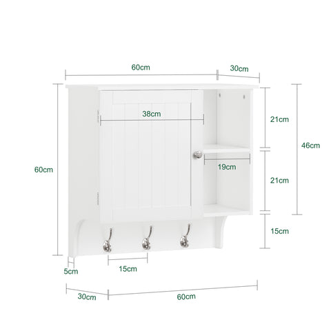 SoBuy Ταπετσαρία με 3 άγκιστρα κινητό ντουλάπι τοίχο τοίχο τοίχου ντουλάπι φαρμάκων λευκή κουζίνα 60x30x60cm bzr103-w