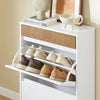 SoBuy FSR205-WN Λεπτή σχάρα παπουτσιών εισόδου που εξοικονομεί χώρο - Κινητό ράφι παπουτσιών με 2 πόρτες και συρτάρι - Nordic design για μοντέρνα είσοδο - Ντουλάπα από λευκό και ξύλο δρυός - 61x26x91 cm