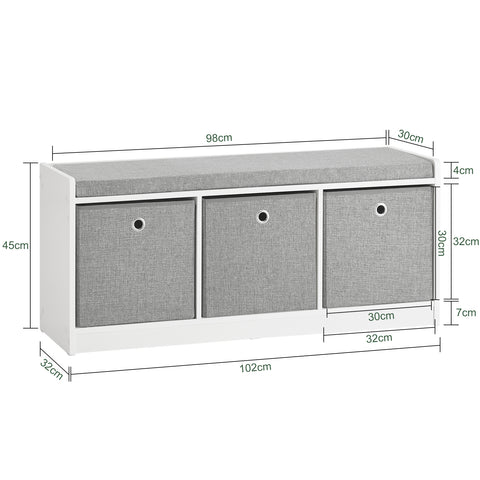 SoBuy Bastarque Μπάνιο Cassapanca Bank Bank Bench με 3 καλάθια λευκά και γκρι L102*P32*A45cm FSR65-DG