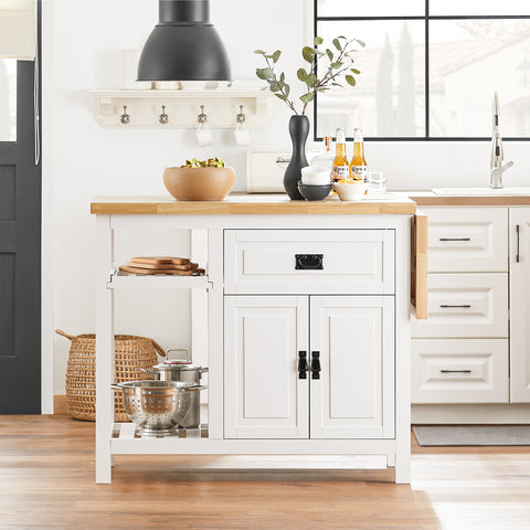 SoBuy Κουζίνα κουζίνας κουζίνας κουζίνα με 2 πόρτες και 1 συρτάρι πεποίθηση μπουφέ λευκό και φυσικό καροτσάκι κουζίνας 144.5x60x94.8cm KNL06-Cross