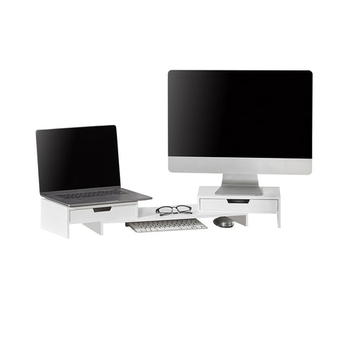 SoBuy Υποστήριξη παρακολούθησης γραφείου PC για 2 οθόνες περιστροφής γωνίας με 2 διοργανωτές συρτάρι υποστήριξη για λευκή οθόνη μπαμπού BBF04-W