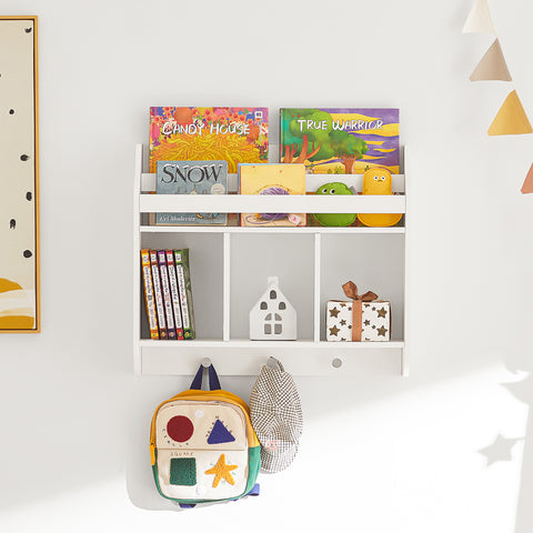 SoBuy Παιδικό ράφι τοίχου με 3 γάντζους ντουλάπας με ράφια για βιβλία και διακοσμήσεις λευκό 60x18x51cm kmb46-w